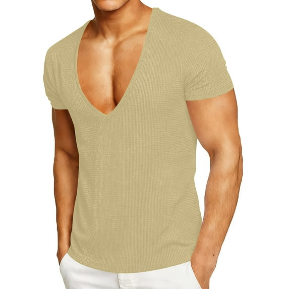 OGLCCG Deep V Neck T Shirt for Men Muscle Slim Fit Low Cut Stretch Short Sleeve Waffle Tee Tops Solid Color Summer Casual Tshirt,XXXL,Beige