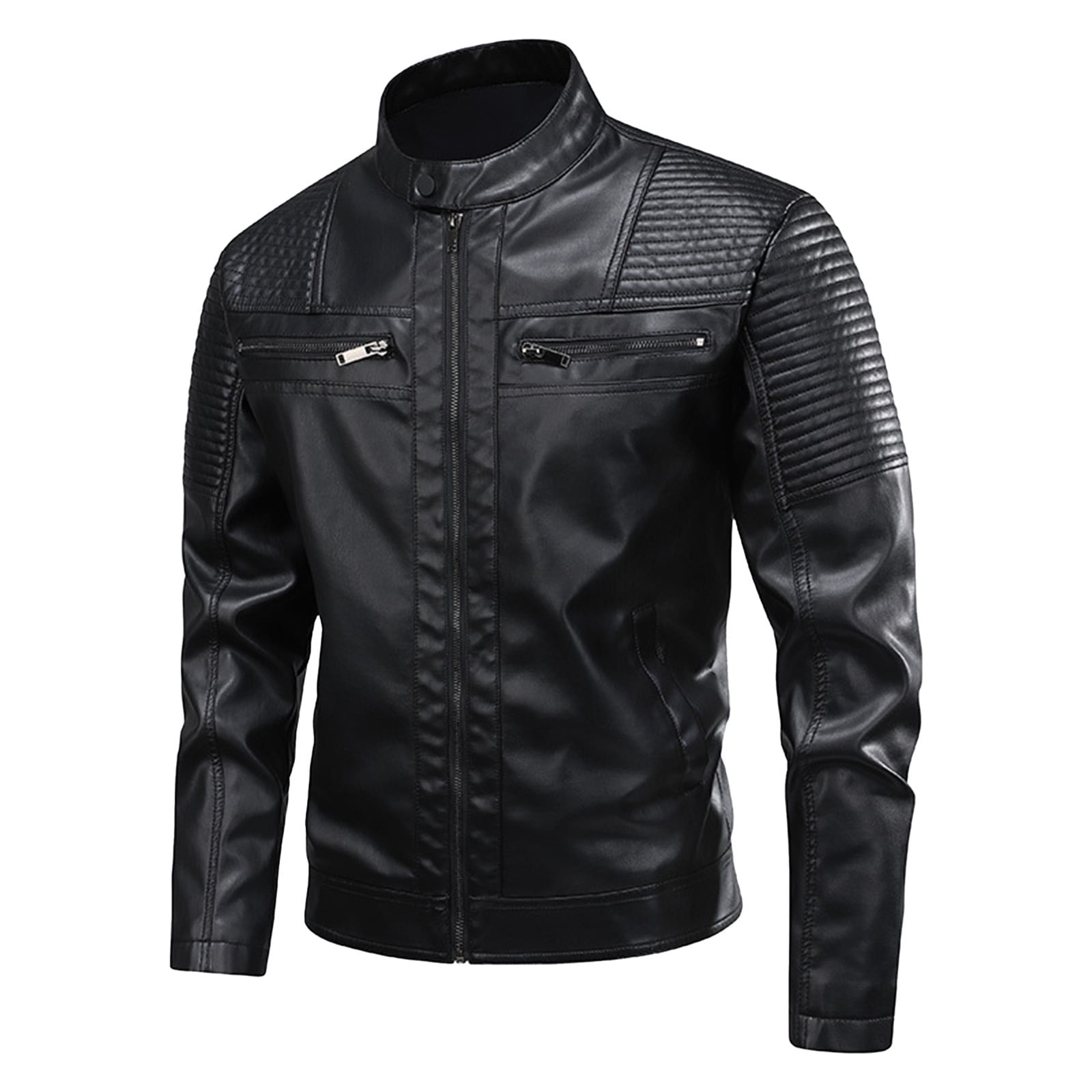 OGLCCG Faux Leather Jackets for Men Motorcycle Stand Collar Zip-Up Slim Fit Biker Coat Fashion Long Sleeve Bomber Jacket with Pockets