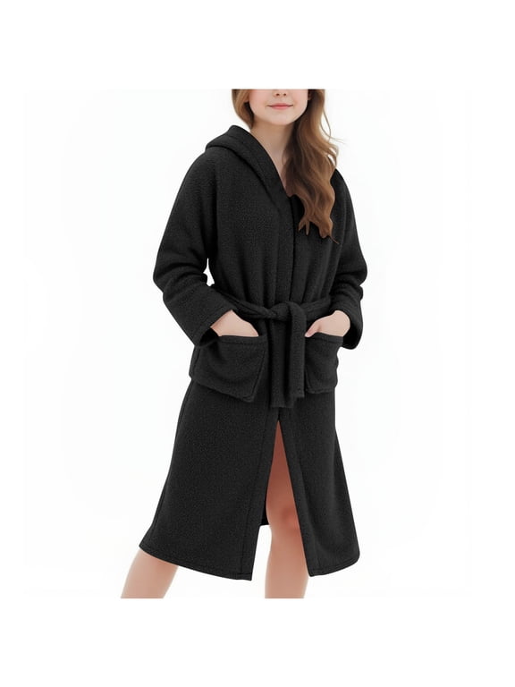 Fleece Bathrobes for Kids Boys Girls Soft Cute Bear Ear Hooded Robes Winter Warm Fuzzy Plush Warm Sleepwear with Deep Pockets 5-15Years