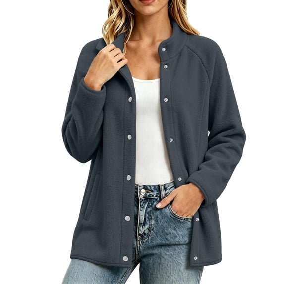 OGLCCG Fleece Jacket Womens Stand Collar Snap Front Sweatshirt Cardigan with Pockets Long Sleeve Soft Sherpa Coat,Size S-3XL