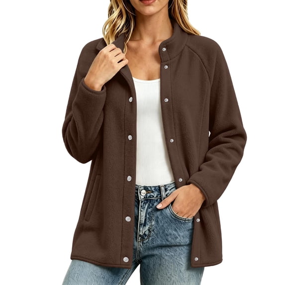 OGLCCG Fleece Jacket Womens Stand Collar Snap Front Sweatshirt Cardigan with Pockets Long Sleeve Soft Sherpa Coat,Size S-3XL