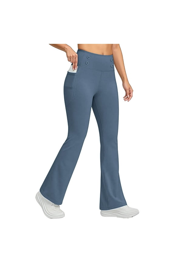 Fleece Lined Flare Leggings for Women with Pockets Warm Winter Cozy Yoga Pants for Women High Waist Thermal Running Workout Bell Bottom,L,Blue