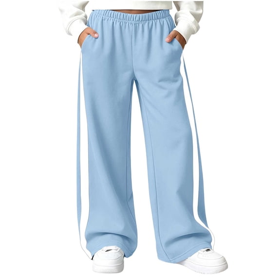 OGLCCG Fleece Sweatpants Girls Side Stripe Wide Leg Active Sweat Pants Elastic Waist Loose Fit Warm Athletic Trousers with Pockets(Blue,9-10 Years)