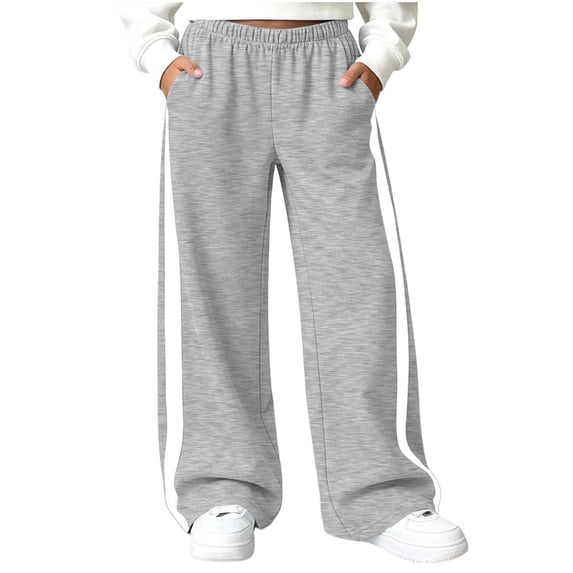 OGLCCG Fleece Sweatpants Girls Side Stripe Wide Leg Active Sweat Pants Elastic Waist Loose Fit Warm Athletic Trousers with Pockets(Gray,5-6 Years)
