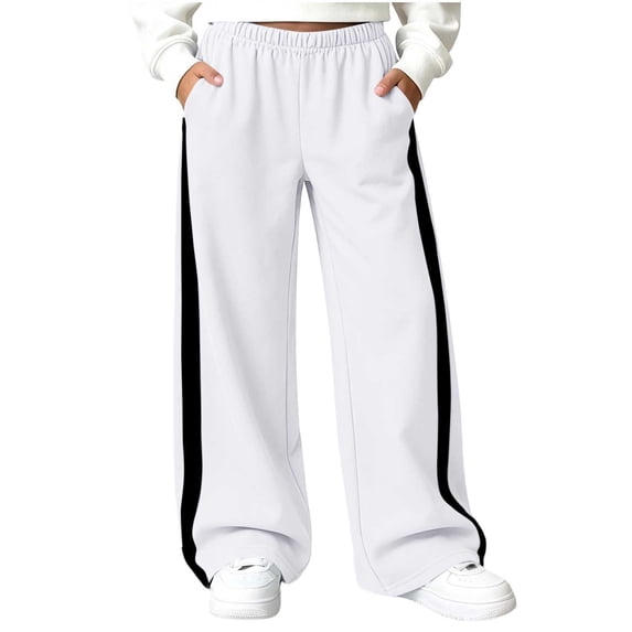 OGLCCG Fleece Sweatpants Girls Side Stripe Wide Leg Active Sweat Pants Elastic Waist Loose Fit Warm Athletic Trousers with Pockets(White,9-10 Years)