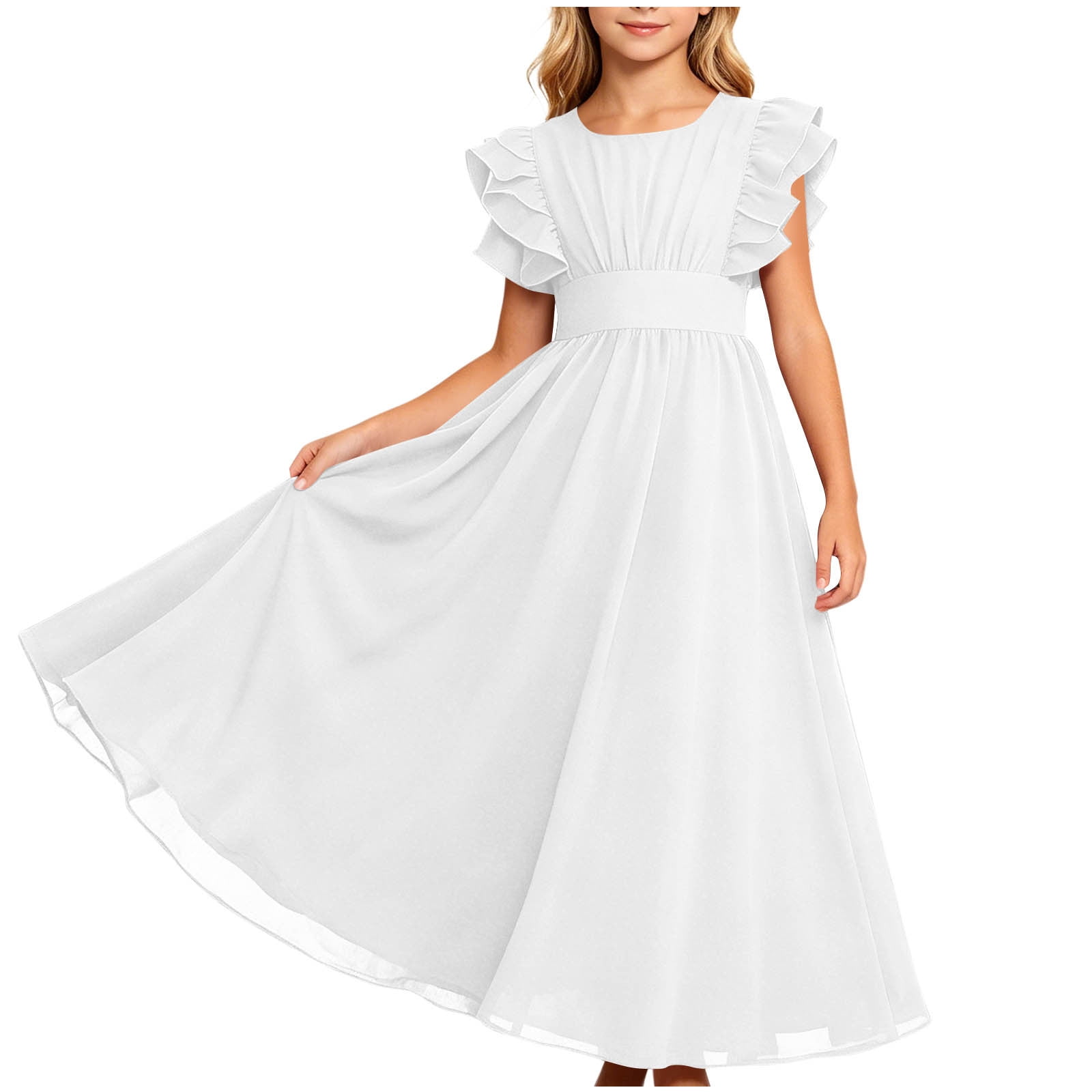 flowy flower girl dresses OGLCCG Junior Bridesmaid Dress Girls Ball Gown Prom Kids Ruffle Sleeve A-Line Pleated Smocked Maxi Dress 0-13 Years wise_look_book_pants