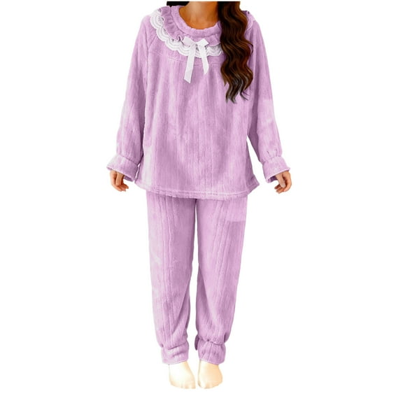 OGLCCG Fluffy Flannel Winter Pajamas for Women Plush Fleece Long Sleeve Sleepwear Tops and Long Pants 2-Piece Warmth Fuzzy Pajama Loungewear Set