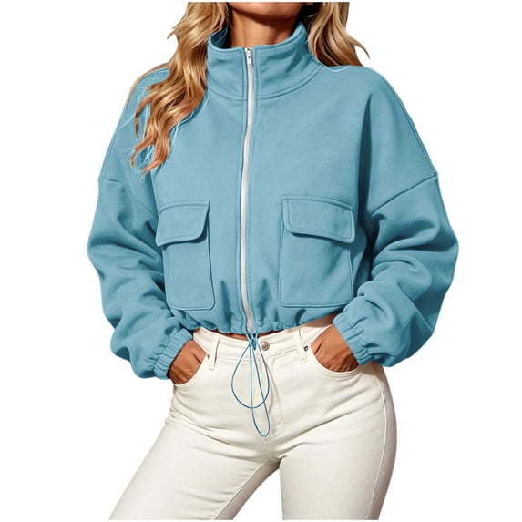 OGLCCG Full Zip Sweatshirt Women No Hood Fall Winter Fleece Short Jacket Trendy Casual Loose Long Sleeve Workout Collared Jacket with Pockets