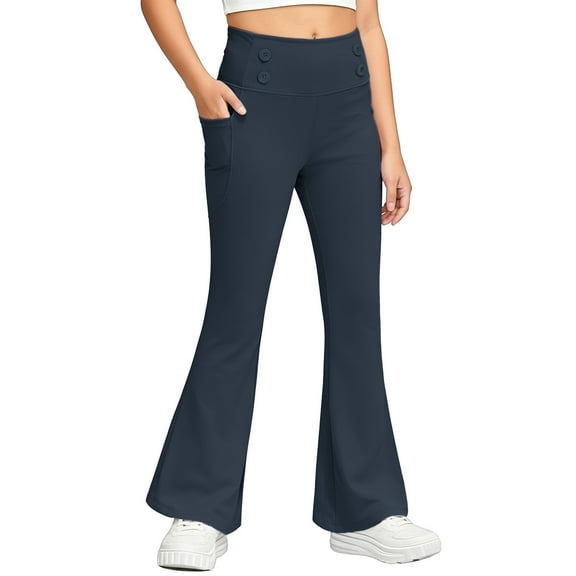 OGLCCG Girl Fleece Lined Flare Leggings with Pockets High Waist Athletic Yoga Pants Winter Warm Stretch Bell Bottoms for Kids 5-14 Years