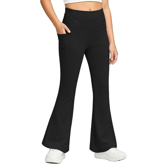 OGLCCG Girl Fleece Lined Flare Leggings with Pockets High Waist Athletic Yoga Pants Winter Warm Stretch Bell Bottoms for Kids 5-14 Years