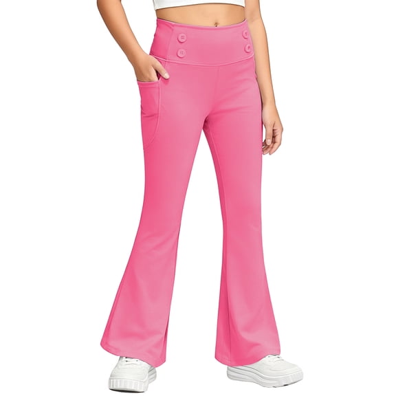 OGLCCG Girl Fleece Lined Flare Leggings with Pockets High Waist Athletic Yoga Pants Winter Warm Stretch Bell Bottoms for Kids 5-14 Years