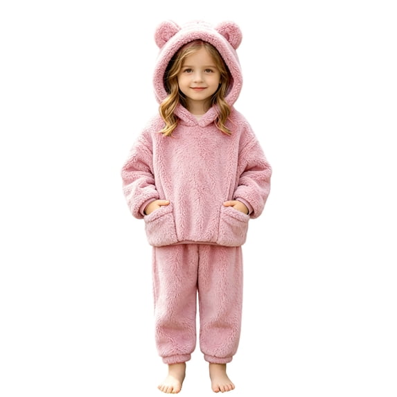 OGLCCG Girl Pants Sets Fall Winter Two Pieces Outfit Kids Cute Bear Ear Fuzzy Fluffy Hoodie Sweatshirt with Fleece Sweatpants Size 1-5