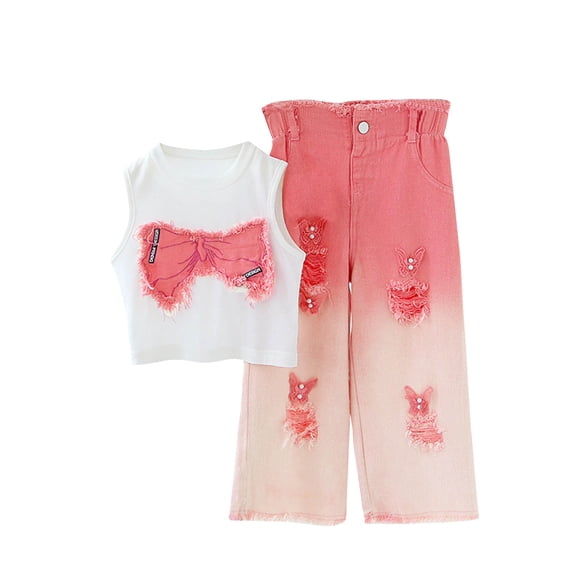 OGLCCG Girl's 2 Piece Outfit Sweet Bowknot Crewneck Sleeveless Tank Tops and Ripped Denim Pants Trendy Girls Clothing Set with Pockets 3-13 Year
