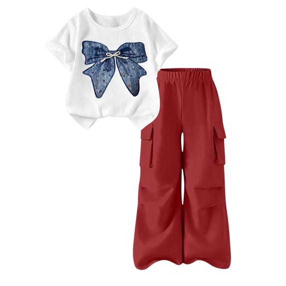 OGLCCG Girl's 2 Piece Summer Outfits Bow Knot Crew Neck Short Sleeve Tee and Cargo Pants Teen Tween Going Out Clothing Sets with Pockets 5-15 Years