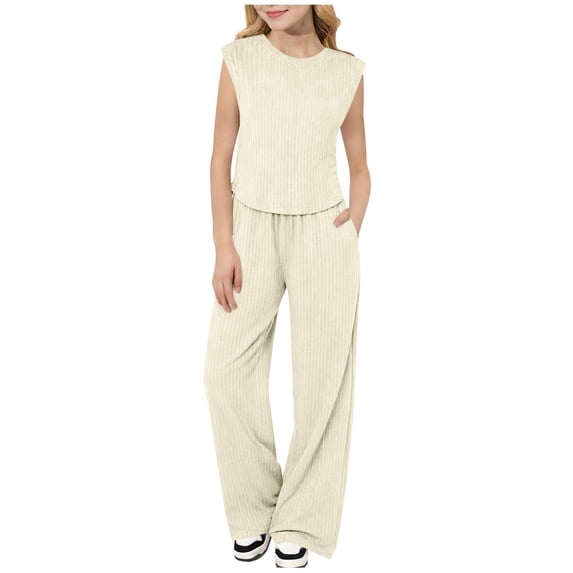 OGLCCG Girl's Baggy 2 Piece Outfit Loose Knit Crewneck Sleeveless Tank Tops and Wide Leg Pants with Pockets Breathable Summer Matching Set 2-10 Years