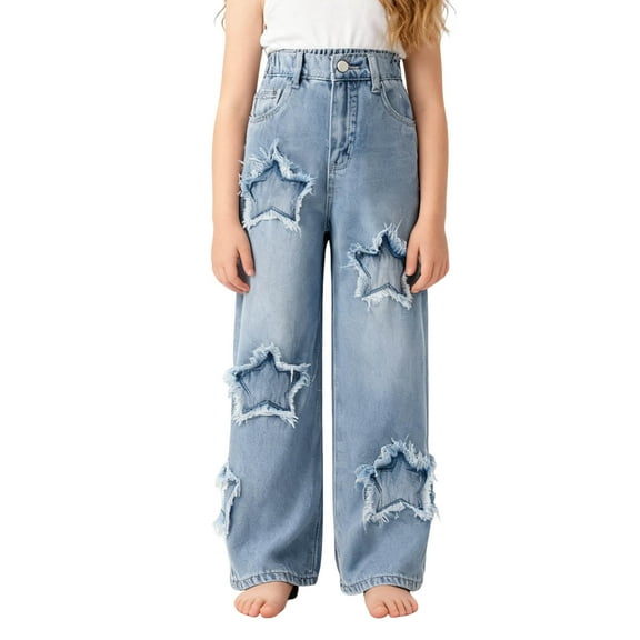 OGLCCG Girl's Baggy Jeans Teens Elastic High Waist Wide Leg Denim Pants Trendy Cute Y2K Star Print Jean Trousers with Pockets 6-13 Years