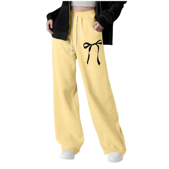 OGLCCG Girl's Baggy Sweatpants Lightweight Bowknot Printed Straight Leg Athletic Pants with Pockets Casual Loose Fit Lounge Pants 5-15 Years