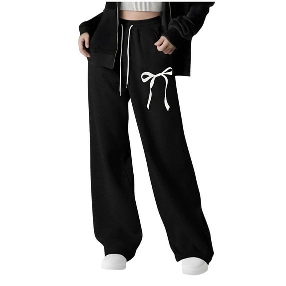 GLCCG Girls' Straight Leg Sweatpants Drawstring High Waisted Baggy Joggers Pnats with Pockets Cute Bow Printed Sports Pants 8-12 Years