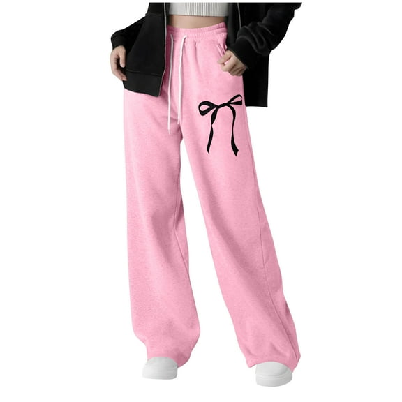 GLCCG Girls' Straight Leg Sweatpants Drawstring High Waisted Baggy Joggers Pnats with Pockets Cute Bow Printed Sports Pants 8-12 Years