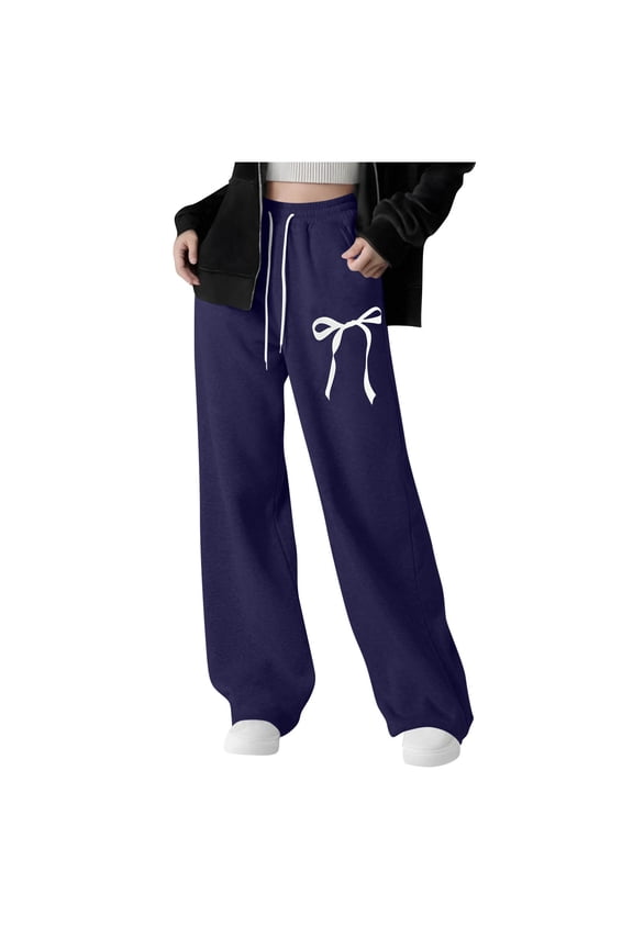 GLCCG Girls' Straight Leg Sweatpants Drawstring High Waisted Baggy Joggers Pnats with Pockets Cute Bow Printed Sports Pants 8-12 Years