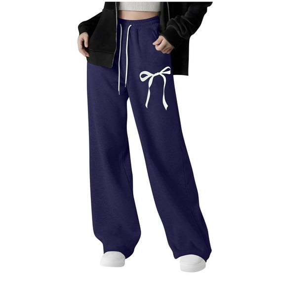 GLCCG Girls' Straight Leg Sweatpants Drawstring High Waisted Baggy Joggers Pnats with Pockets Cute Bow Printed Sports Pants 8-12 Years