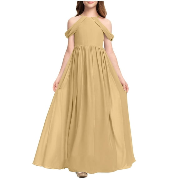 OGLCCG Girl's Chiffon Junior Bridesmaid Dresses Off Shoulder Floor Length Pageant Formal Dress for Teen Girls Halter Sleeveless Ball Gowns 3-14 Years