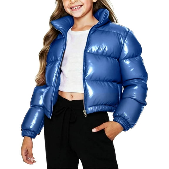 OGLCCG Girl's Cropped Puffer Jacket Stand Collar Shiny Metallic Zip Up Short Bubble Puffy Coats Winter Trendy Quilted Parkas Jackets 1-10 Years