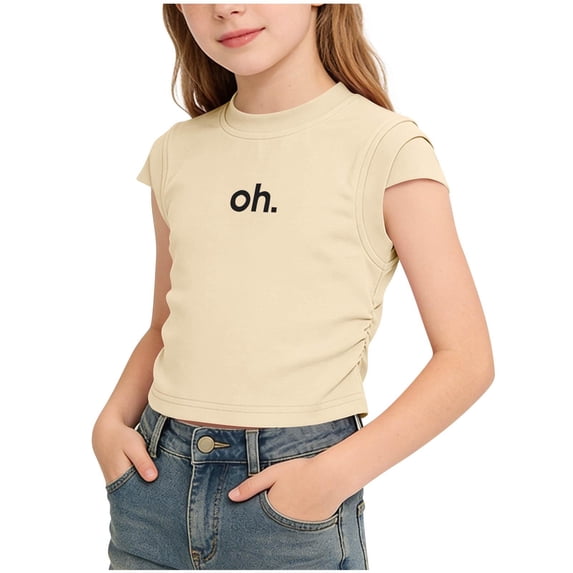 OGLCCG Girl's Cute Summer T Shirt Letter Printed Crew Neck Side Ruched Fitted Short Sleeve Crop Tee Top Lightweight Cotton Tshirts 1-12 Years