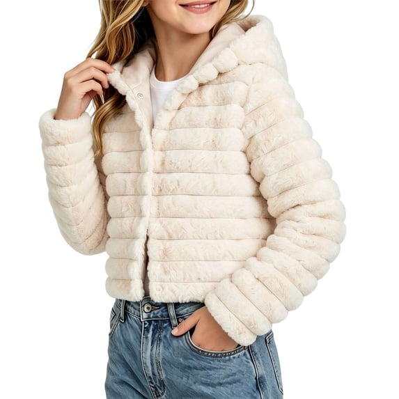 OGLCCG Girl's Faux Fur Coat Long Sleeve Button Front Fuzzy Hooded Cropped Jacket Fall Winter Fluffy Sherpa Coat(Beige,9-10Years)