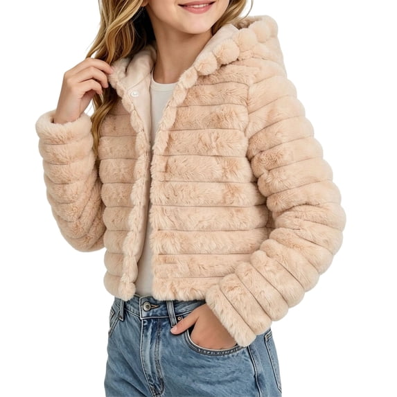 OGLCCG Girl's Faux Fur Coat Long Sleeve Button Front Fuzzy Hooded Cropped Jacket Fall Winter Fluffy Sherpa Coat(Khaki,12-13Years)