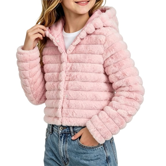 OGLCCG Girl's Faux Fur Coat Long Sleeve Button Front Fuzzy Hooded Cropped Jacket Fall Winter Fluffy Sherpa Coat(Pink,7-8Years)