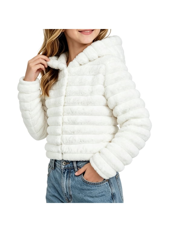 Girl's Faux Fur Coat Long Sleeve Button Front Fuzzy Hooded Cropped Jacket Fall Winter Fluffy Sherpa Coat(White,12-13Years)