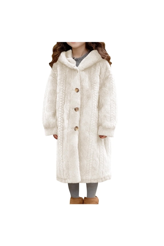 Girl's Faux Fur Long Jacket Button Front Fuzzy Fleece Hooded Cardigan Coat Outdoor Thickened Warm Winter Fluffy Jacket with Pockets 5-14 Years