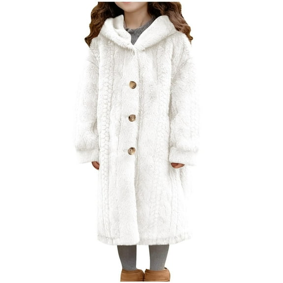 OGLCCG Girl's Faux Fur Long Jacket Button Front Fuzzy Fleece Hooded Cardigan Coat Outdoor Thickened Warm Winter Fluffy Jacket with Pockets 5-14 Years