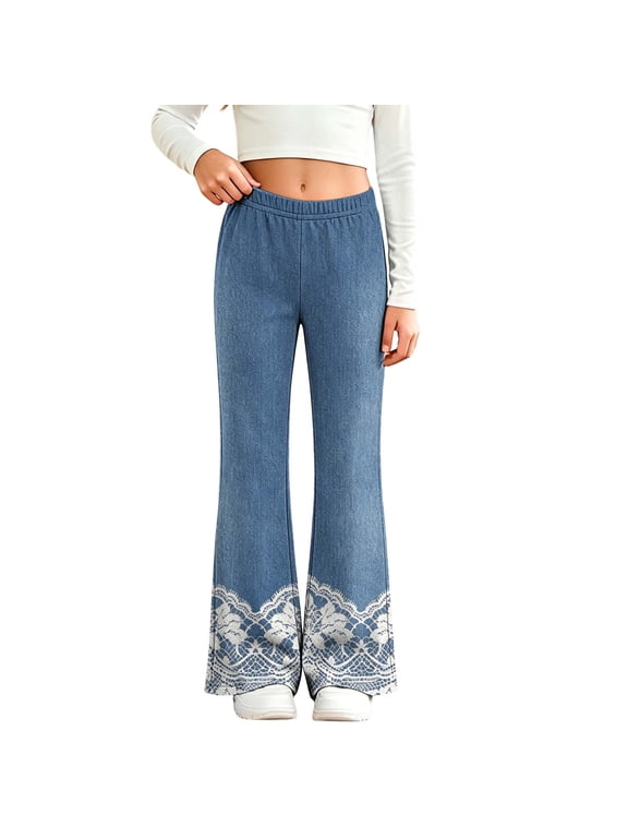 Girl's Flare Jeans Elastic Waisted Bell Bottom Denim Pants Girls Wide Leg Stretch Cute Y2K Streetwear Jeans Size 2-13