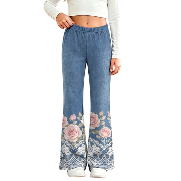 OGLCCG Girl's Flare Jeans Elastic Waisted Bell Bottom Denim Pants Girls Wide Leg Stretch Cute Y2K Streetwear Jeans Size 2-13