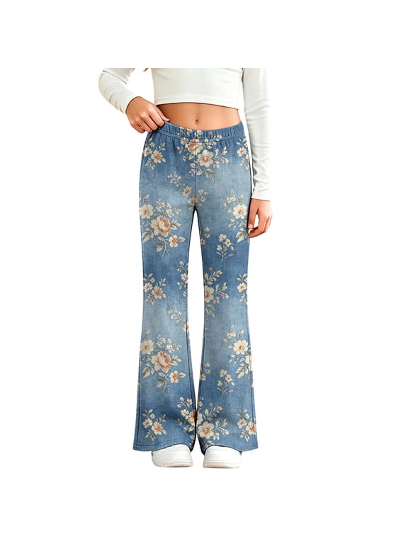 Girl's Flare Jeans Elastic Waisted Bell Bottom Denim Pants Girls Wide Leg Stretch Cute Y2K Streetwear Jeans Size 2-13