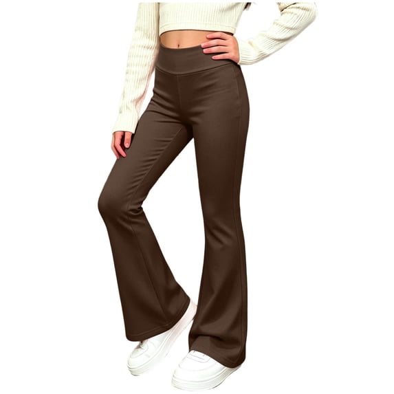 OGLCCG Girl's Flare Leggings High Waisted Stretchy Bell Bottoms for School Daily Wear Kids Dance Yoga Pants(Brown,9-10 Years)