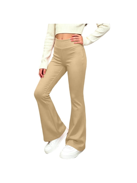 Girl's Flare Leggings High Waisted Stretchy Bell Bottoms for School Daily Wear Kids Dance Yoga Pants(Khaki,5-6 Years)
