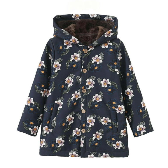 OGLCCG Girl's Floral Print Fleece Lined Hooded Jacket Warm Thick Button Down Outerwear Coat with Pockets Fall Winter Thermal Clothes 1-9 Years