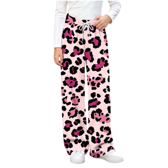 OGLCCG Girl's Leopard Print Pants Elastic Waist Wide Leg Cheetah Pants Lightweight Baggy Trousers Size 11-12
