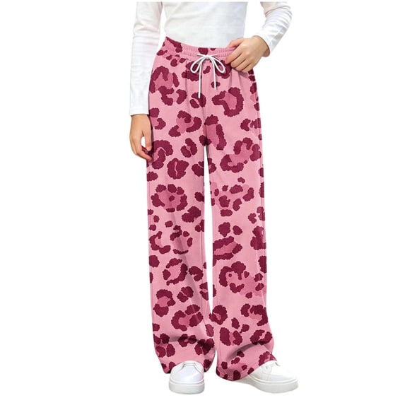 OGLCCG Girl's Leopard Print Pants Elastic Waist Wide Leg Cheetah Pants Lightweight Baggy Trousers Size 14-15