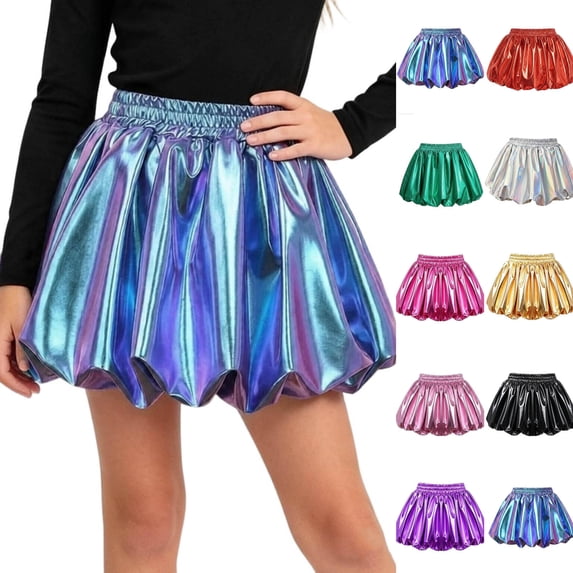 OGLCCG Girl's Metallic Bubble Skirt Dance Athletic Shiny Holographic Mini Skorts with Shorts Flared A-Line Short Skort,Size 10