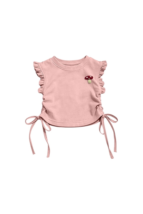 Girl's Ruffle Sleeve Crop Tops Mushroom Print Ruched Drawstring Summer Cotton T Shirts Crewneck Loose Fit Basic Blouse 2-10 Years