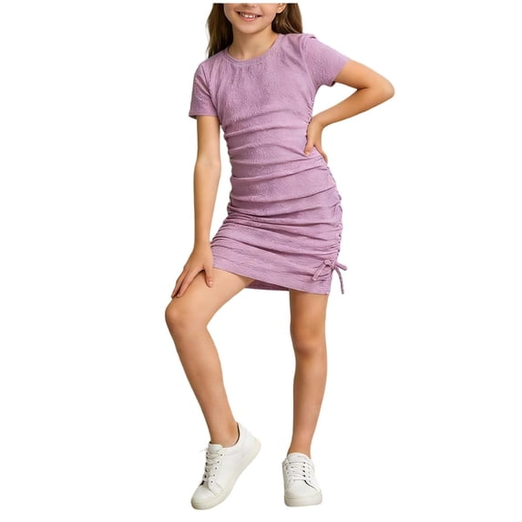 OGLCCG Girl's Summer Dress Trendy Textured Drawstring Side Ruched Short Sleeve Bodycon Pencil Short Dress Soft Stretech Beach Dress 5-12 Years