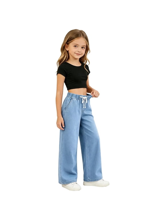 Girl's Wide Leg Jeans Drawstring Elastic Waist Baggy Denim Pants with Pockets Casual Straight Pants for Girls(Light Blue,10 Years)