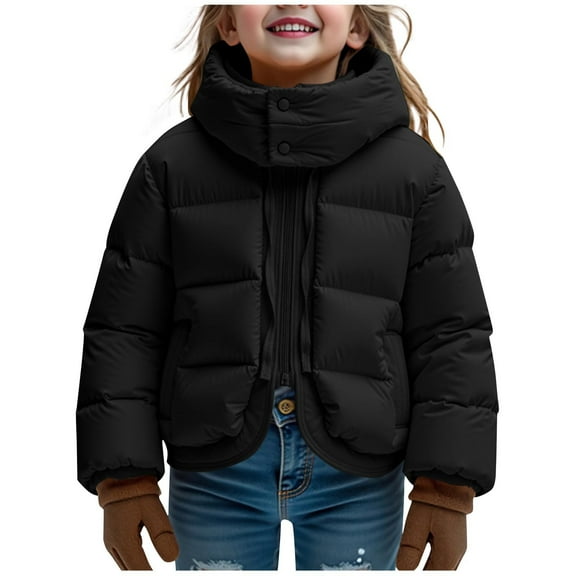 OGLCCG Girl's Winter Cropped Down Jacket Full Zip Long Sleeve Warm Quilted Puffer Coat Thicken Hooded Padded Jacket with Pockets 5-14 Years