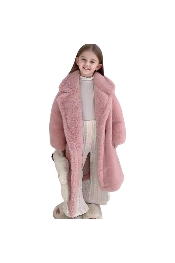 Girl's Winter Fuzzy Lapel Long Cardigan Coat Faux Fur Warm Winter Double Breasted Sherpa Fleece Peacoat Plush Teddy Coat 2-10 Years