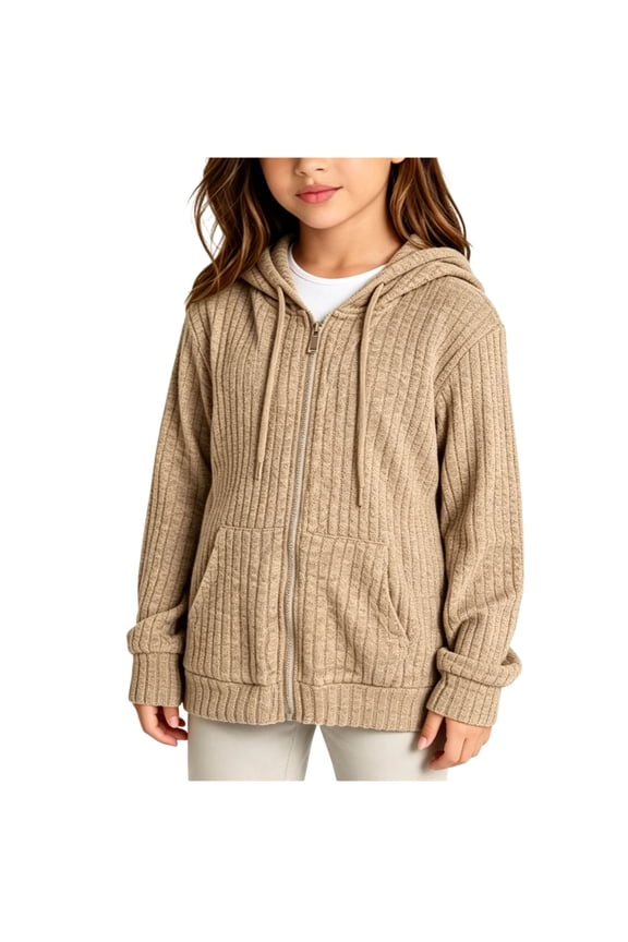 Girl's Zip Up Hooded Sweater Ribbed Knit Lightweight Cardigan Sweater Jacket with Pockets Fall Clothes Size 5-16