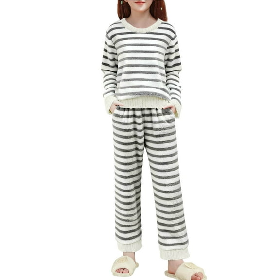 OGLCCG Girls 2 Piece Fluffy Fleece Pajama Sets Fuzzy Plush Striped Pullover Sweatshirt and Baggy Pants Set Soft Winter Warm Loungewear 0-15 Years